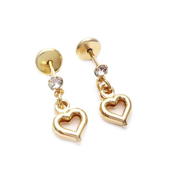 Arete Dormilona 02.58.0015 Oro Laminado, Diseño de Corazon, con Zirconia Cubica Blanca, Pulido Turquesa, Dorado
