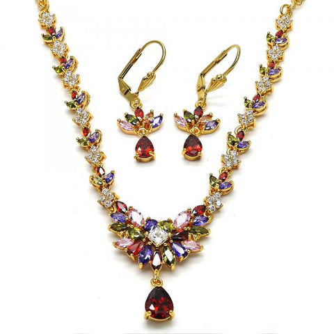 Collar y Arete 06.236.0002.1 Oro Laminado, Diseño de Gota y Oja, Diseño de Gota, con Zirconia Cubica Multicolor, Pulido, Dorado