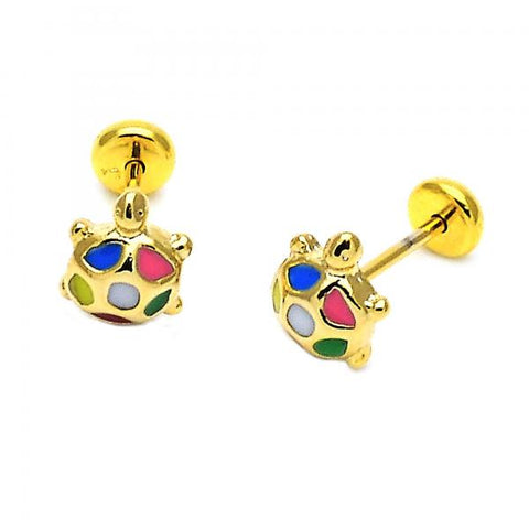 Arete Dormilona 02.09.0023 Oro Laminado, Diseño de Tortuga, Esmaltado Multicolor, Dorado