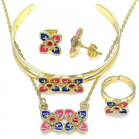 Collar, Pulso, Arete y Anillo 06.361.0030 Oro Laminado, Diseño de Flor, Esmaltado Multicolor, Dorado