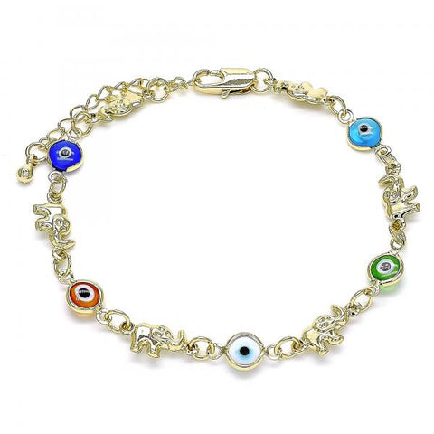 Pulsera Elegante 03.351.0128.08 Oro Laminado, Diseño de Elefante y Ojo Griego, Diseño de Elefante, Resinado Multicolor, Dorado