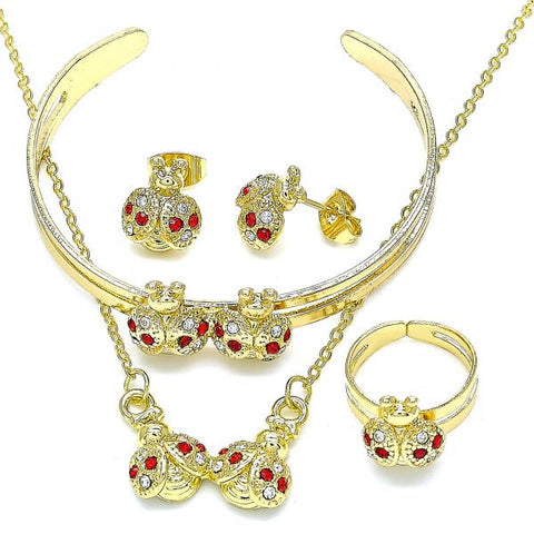 Collar, Pulso, Arete y Anillo 06.361.0033.1 Oro Laminado, Diseño de Mariquita, con Cristal Granate y Blanca, Pulido, Dorado
