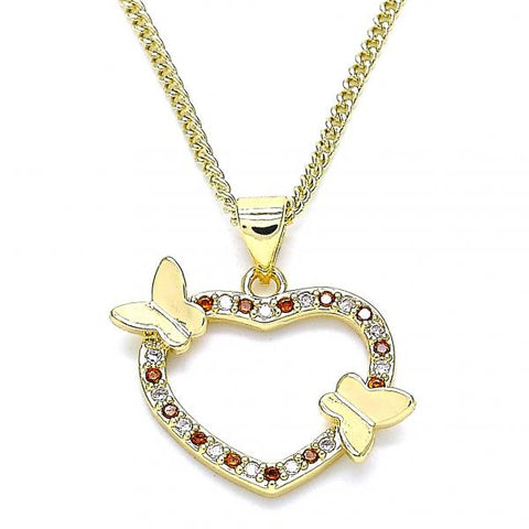 Collares con Dije 04.195.0018.1.20 Oro Laminado, Diseño de Corazon y Mariposa, Diseño de Corazon, con Micro Pave Granate y Blanca, Pulido, Dorado