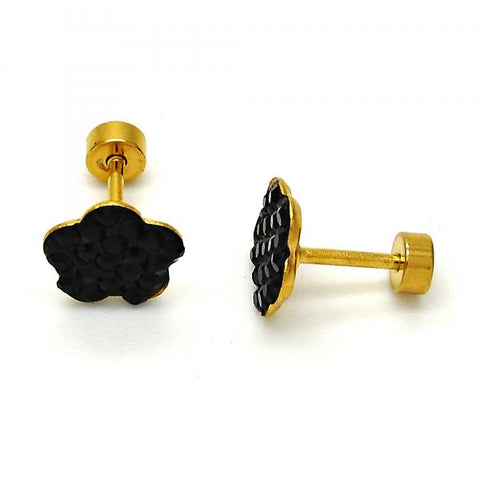 Arete Dormilona 02.271.0020.9 Acero Inoxidable, Diseño de Flor, con Cristal Negro, Pulido, Dorado