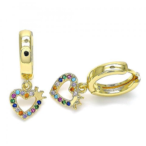 Argolla Huggie 02.210.0512.1.15 Oro Laminado, Diseño de Corazon y Corona, Diseño de Corazon, con Micro Pave Multicolor, Pulido, Dorado