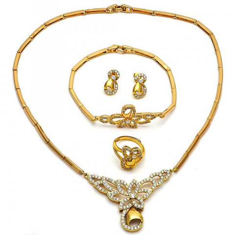 Collar, Pulso, Arete y Anillo 06.118.0004 Oro Laminado, Diseño de Flor y Gota, Diseño de Flor, con Micro Pave Blanca, Pulido, Dorado