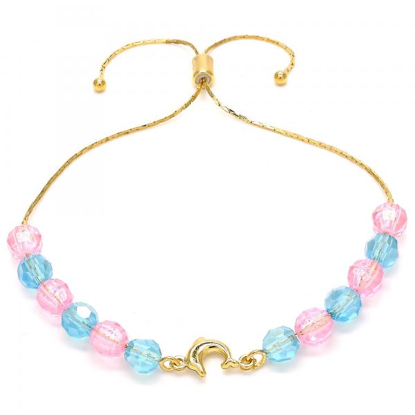 Pulsera Bolo Ajustable 03.32.0235.07 Oro Laminado, Diseño de Delfin y Snake, Diseño de Delfin, con Cristal Aguamarina y Rosado, Pulido, Dorado