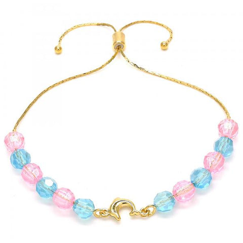 Pulsera Bolo Ajustable 03.32.0235.07 Oro Laminado, Diseño de Delfin y Snake, Diseño de Delfin, con Cristal Aguamarina y Rosado, Pulido, Dorado