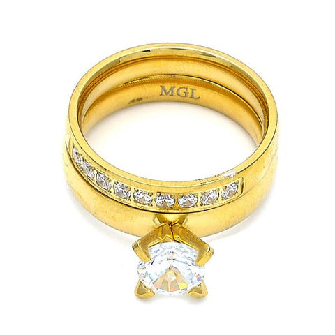 Anillo de Boda 01.223.0013.09 Acero Inoxidable, Diseño de Doble, con Zirconia Cubica Blanca y CristalBlanca, Pulido, Dorado