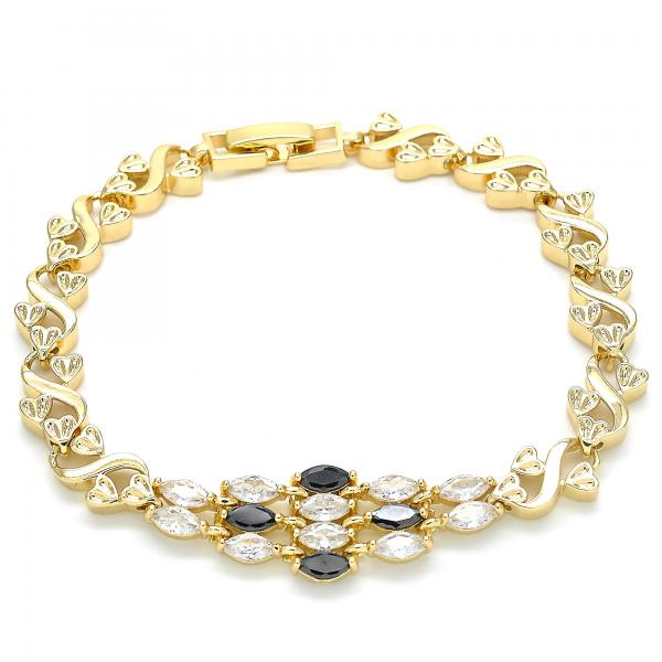Pulsera Elegante 03.210.0136.07 Oro Laminado, Diseño de Corazon, con Zirconia Cubica Negro y Blanca, Pulido, Dorado