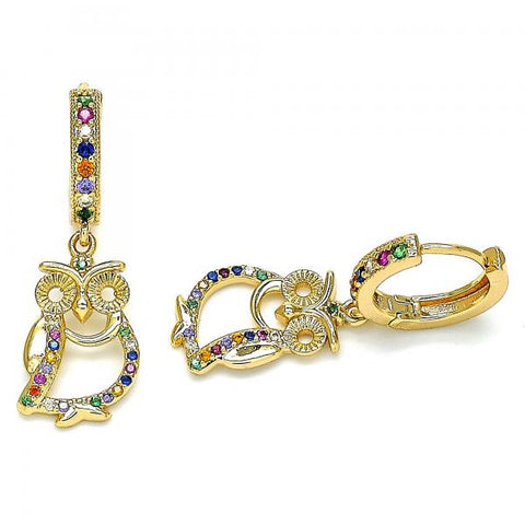 Argolla Huggie 02.377.0002.15 Oro Laminado, Diseño de Buho, con Micro Pave Multicolor, Pulido, Dorado