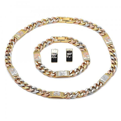 Collar, Pulso y Arete 06.92.0001 Oro Laminado, Diseño de Miami Cubana y Flor, Diseño de Miami Cubana, Pulido, Tricolor