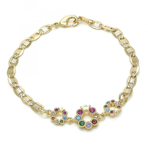 Pulsera Elegante 03.233.0027.08 Oro Laminado, Diseño de Corona, con Zirconia Cubica Multicolor, Pulido, Dorado