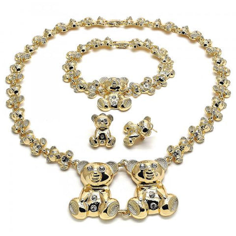 Collar, Pulso y Arete 06.372.0013 Oro Laminado, Diseño de Osito y Besos y Abrazos, Diseño de Osito, con Cristal Blanca, Pulido, Dorado
