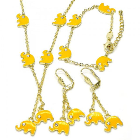 Juego de Arete y Dije de Nino 06.60.0006.2 Oro Laminado, Diseño de Elefante, con Cristal Blanca, Esmaltado Amarillo, Dorado