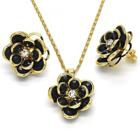 Juego de Arete y Dije de Adulto 10.64.0156.4 Oro Laminado, Diseño de Flor, con Cristal Negro y Blanca, Pulido, Dorado