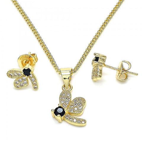 Juego de Arete y Dije de Adulto 10.199.0152.3 Oro Laminado, Diseño de Libelula, con Zirconia Cubica Negro y Micro PaveBlanca, Pulido, Dorado