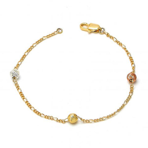 Pulsera Elegante 03.08.0128.07 Chapa de Oro, Diseño de Bola, Diamantado, Tricolor
