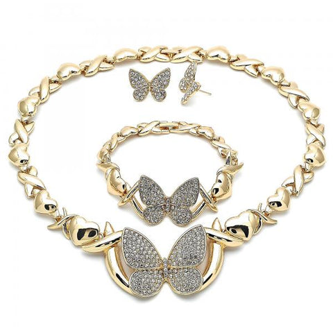 Collar, Pulso y Arete 06.372.0033 Oro Laminado, Diseño de Besos y Abrazos y Mariposa, Diseño de Besos y Abrazos, con Cristal Blanca, Pulido, Dorado