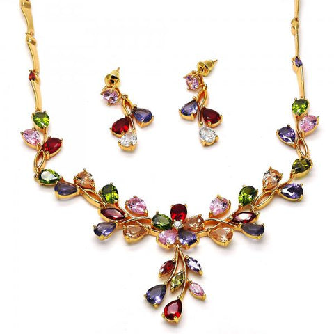 Collar y Arete 06.205.0004.1 Oro Laminado, Diseño de Flor y Oja, Diseño de Flor, con Zirconia Cubica Multicolor, Pulido, Dorado