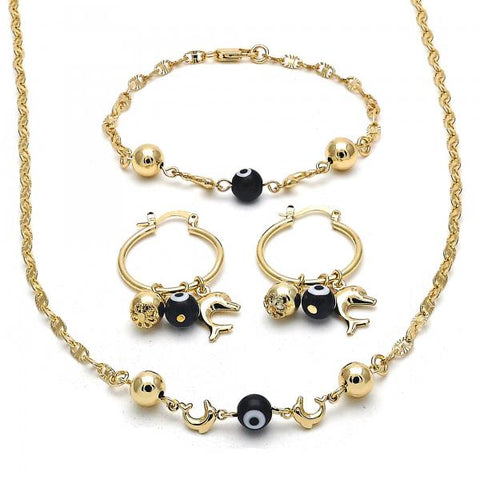 Collar, Pulso y Arete 06.63.0226 Oro Laminado, Diseño de Delfin y Ojo Griego, Diseño de Delfin, Resinado Negro, Dorado