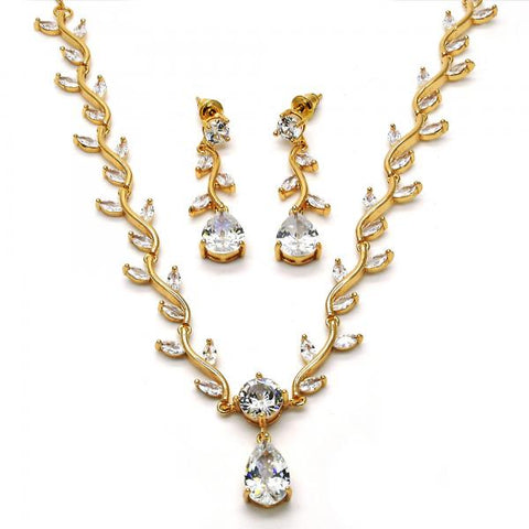 Collar y Arete 06.205.0006 Oro Laminado, Diseño de Gota y Oja, Diseño de Gota, con Zirconia Cubica Blanca, Pulido, Dorado