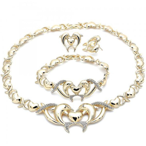Collar, Pulso y Arete 06.372.0024 Oro Laminado, Diseño de Besos y Abrazos y Delfin, Diseño de Besos y Abrazos, con Cristal Blanca, Pulido, Dorado