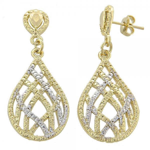 Arete Colgante 02.55.0016 Oro Laminado, Diseño de Gota, Diamantado, Dos Tonos