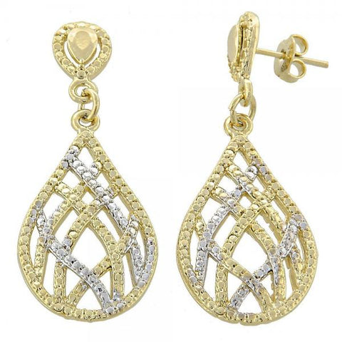 Arete Colgante 02.55.0016 Oro Laminado, Diseño de Gota, Diamantado, Dos Tonos