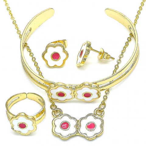 Collar, Pulso, Arete y Anillo 06.361.0029 Oro Laminado, Diseño de Flor, Esmaltado Blanco, Dorado
