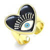 Anillo Elegante 01.313.0002 Oro Laminado, Diseño de Ojo Griego y Corazon, Diseño de Ojo Griego, Esmaltado Negro, Dorado