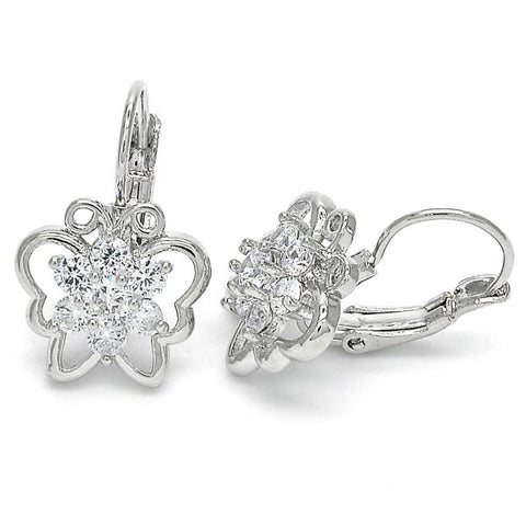 Arete Gancho Frances 02.210.0221.4 Rodio Laminado, Diseño de Mariposa y Flor, Diseño de Mariposa, con Zirconia Cubica Blanca, Pulido, Rodinado