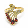 Anillo Multi Piedra 01.365.0004.07 Oro Laminado, Diseño de Pavo Real, con Zirconia Cubica Granate y Blanca, Pulido, Dorado