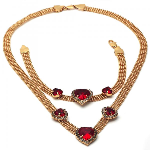 Collar y Pulso 5.013.004 Oro Laminado, Diseño de Corazon, con Zirconia Cubica Granate y Blanca, Pulido, Dorado