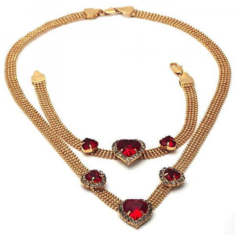 Collar y Pulso 5.013.004 Oro Laminado, Diseño de Corazon, con Zirconia Cubica Granate y Blanca, Pulido, Dorado