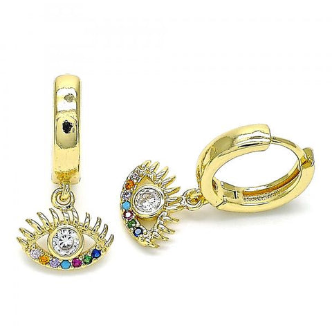 Argolla Huggie 02.210.0513.1.15 Oro Laminado, Diseño de Ojo Griego, con Zirconia Cubica Blanca y Micro PaveMulticolor, Pulido, Dorado