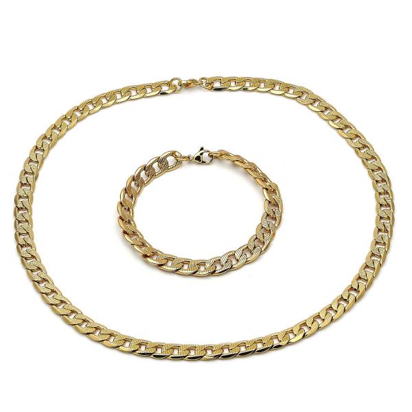 Collar y Pulso 06.116.0027.1 Acero Inoxidable, Diseño de Cubana Pave, Diamantado, Dorado