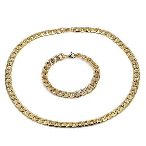 Collar y Pulso 06.116.0027.1 Acero Inoxidable, Diseño de Cubana Pave, Diamantado, Dorado