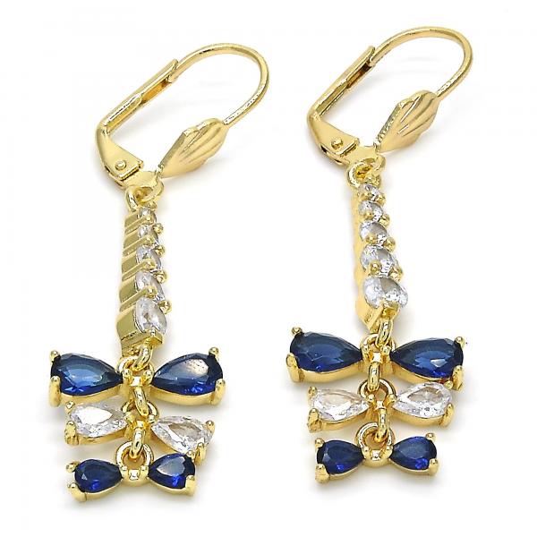 Arete Largo 02.210.0208.2 Oro Laminado, Diseño de Gota, con Zirconia Cubica Zafiro Azul y Blanca, Pulido, Dorado