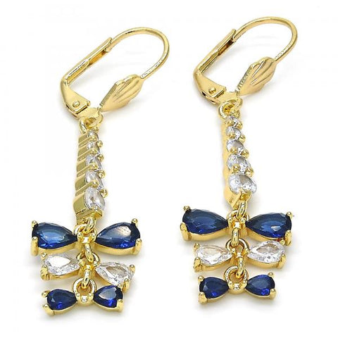 Arete Largo 02.210.0208.2 Oro Laminado, Diseño de Gota, con Zirconia Cubica Zafiro Azul y Blanca, Pulido, Dorado