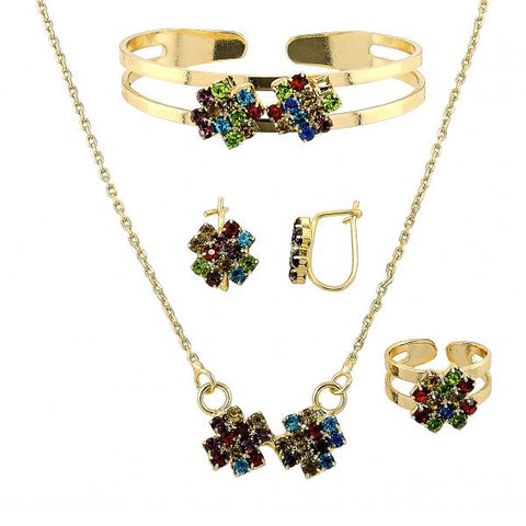 Collar, Pulso, Arete y Anillo 06.165.0009 Oro Laminado, Diseño de Flor, con Zirconia Cubica Multicolor, Pulido, Dorado