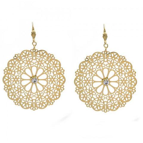 Arete Colgante 73.003 Oro Laminado, Diseño de Flor y Filigrana, Diseño de Flor, con Zirconia Cubica Blanca, Pulido, Dorado