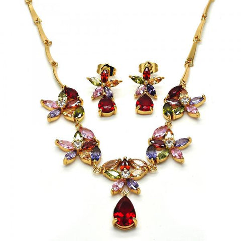 Collar y Arete 06.205.0003.1 Oro Laminado, Diseño de Flor y Gota, Diseño de Flor, con Zirconia Cubica Multicolor, Pulido, Dorado