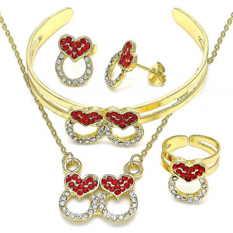 Collar, Pulso, Arete y Anillo 06.361.0023.1 Oro Laminado, Diseño de Corazon, con Cristal Granate y Blanca, Pulido, Dorado