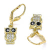 Arete Colgante 02.210.0348 Oro Laminado, Diseño de Buho, con Micro Pave Negro y Blanca, Pulido, Dorado