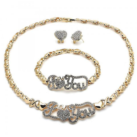 Collar, Pulso y Arete 06.372.0035 Oro Laminado, Diseño de Besos y Abrazos y Amor, Diseño de Besos y Abrazos, con Cristal Blanca, Pulido, Dorado