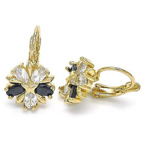 Arete Gancho Frances 02.210.0218.3 Oro Laminado, Diseño de Flor y Estrella, Diseño de Flor, con Zirconia Cubica Negro y Blanca, Pulido, Dorado