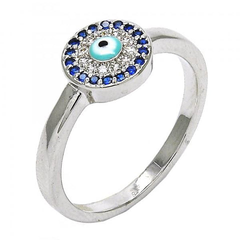 Anillo Multi Piedra 01.60.0004.1.08 Rodio Laminado, Diseño de Ojo Griego, con Micro Pave Zafiro Azul y Blanca, Esmaltado Turquesa, Rodinado