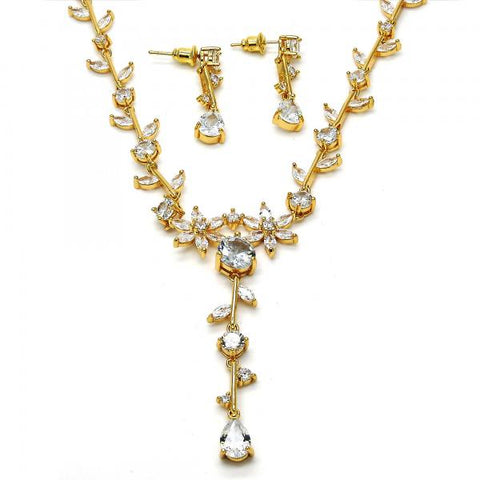 Collar y Arete 06.205.0002 Oro Laminado, Diseño de Flor y Oja, Diseño de Flor, con Zirconia Cubica Blanca, Pulido, Dorado