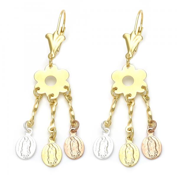 Arete Chandelier 02.63.2280 Oro Laminado, Diseño de Guadalupe y Flor, Diseño de Guadalupe, Tricolor